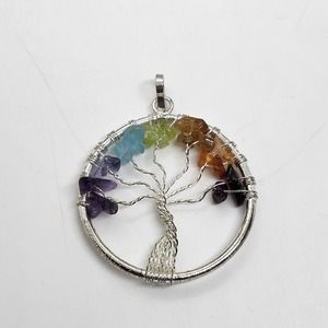 Tree Of Life Pendant Semiprecious Gem Stones Silver Tone Chakra‎ Wire Wrapped